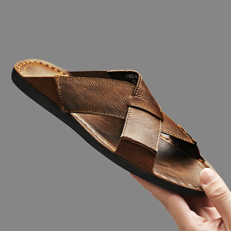 Men'S Shoes Top Brands - Mode en cuir véritable hommes pantoufles